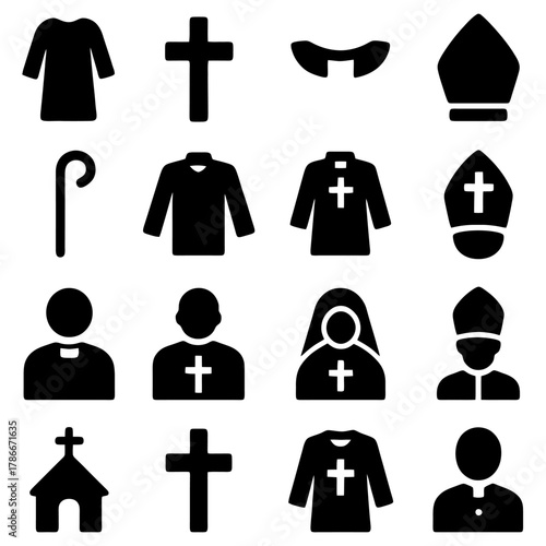 Sacred Symbols: A collection of meticulously crafted silhouettes showcasing the essential artifacts and attire associated with spirituality and faith.