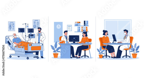 Medical Consultation concept, Practitioner doctor man, Family therapist. Medical Consultation set flat vector modern illustration
