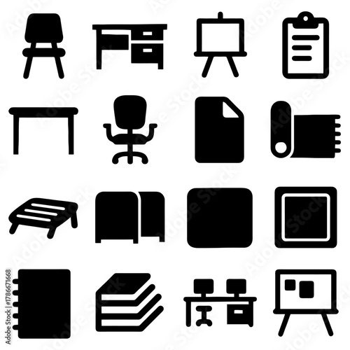 Office Supplies Collection: A compilation of essential office items arranged with the purpose of a workspace, showcasing diverse equipment for daily work