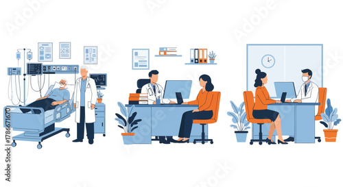 Medical Consultation concept, Practitioner doctor man, Family therapist. Medical Consultation set flat vector modern illustration