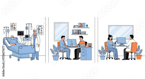 Medical Consultation concept, Practitioner doctor man, Family therapist. Medical Consultation set flat vector modern illustration