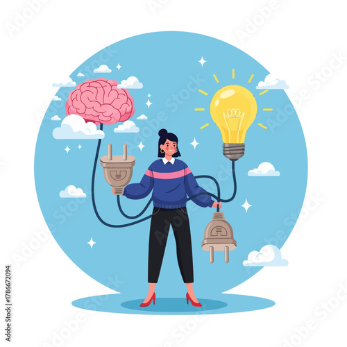 Connecting new idea or innovation concept. Woman connect plug with light bulb idea to human brain.