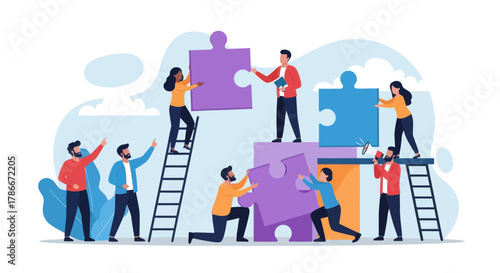 Business concept. Team collaborative Stacking Puzzle Blocks.
