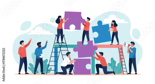 Business concept. Team collaborative Stacking Puzzle Blocks.
