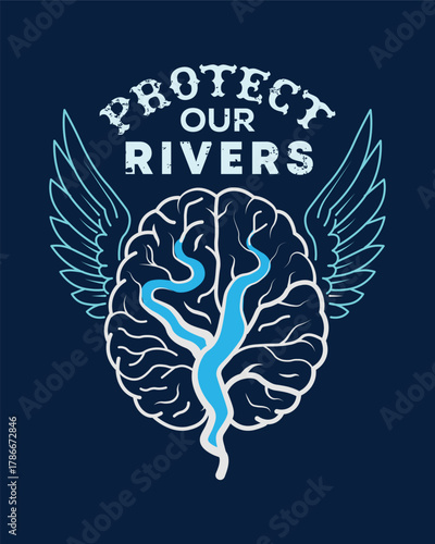 Brain with wings and river environmental protection vector design