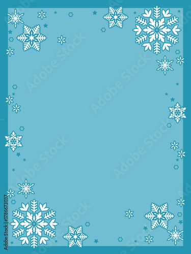 シンプルでかわいい、雪のイラストのフレーム型背景、縦型テンプレート