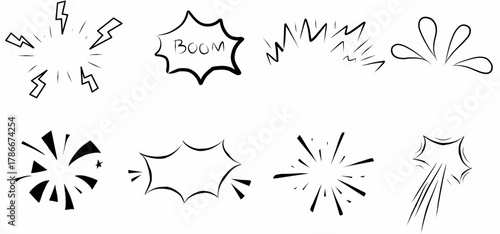 noneCollection of black hand-drawn comic explosion shapes and burst effects. Includes boom bubbles, lightning sparks, and motion lines. Perfect for pop art, stickers. 