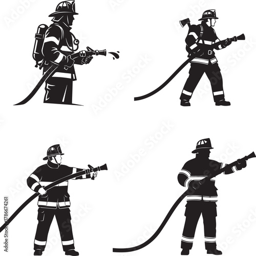 Firefighters in gear with hose and axe – bold black and white silhouette icons of emergency response and bravery