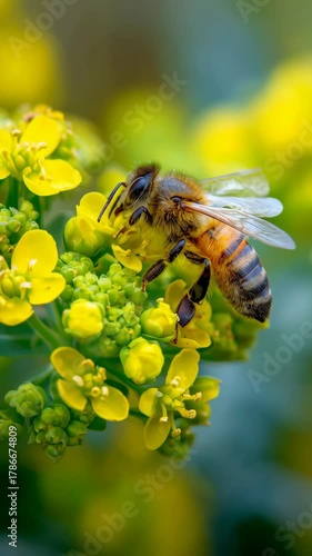 Honeybee on a yellow flower with green foliage background, macro nature photography, spring detail