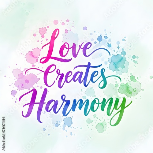 Colorful watercolor splashes surround the inspirational phrase 'Love Creates Harmony' written in elegant, vibrant script on a soft pastel background