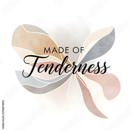Elegant and minimalist digital illustration featuring the phrase 'Made of Tenderness' surrounded by abstract, soft-colored leaf shapes for a gentle and calming aesthetic