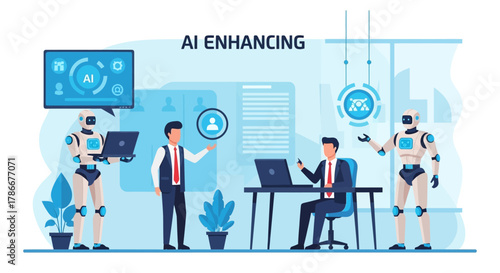 Modern business professionals collaborate with advanced AI robots in a sleek office, demonstrating how artificial intelligence enhances productivity and innovation in the workplace.