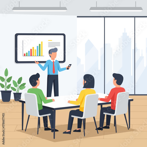 Modern Clean Business Meeting Scene showcasing everyday life and effective collaboration in a professional corporate environment with a clear data presentation