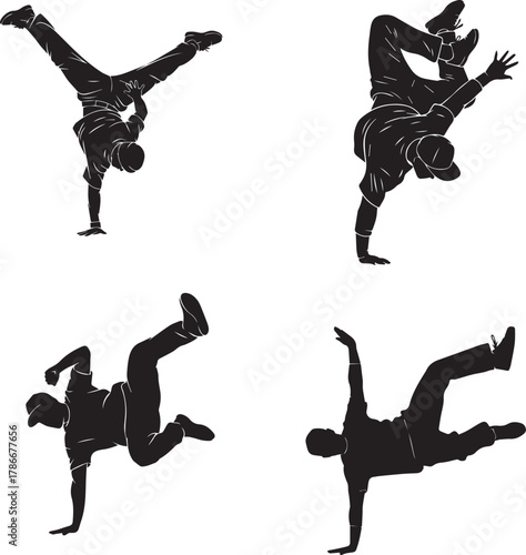 Breakdancers in dynamic poses – bold black and white silhouette icons of street dance, motion, and athleticism