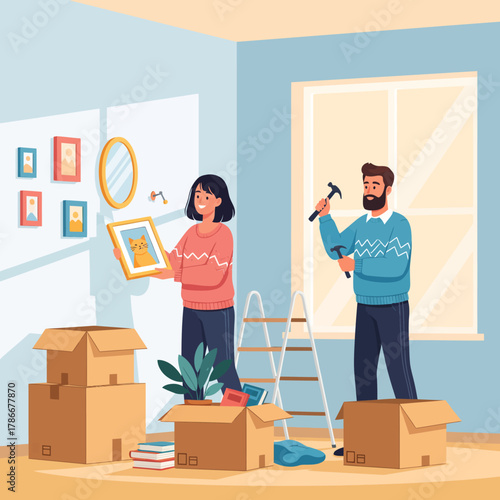Modern Clean illustration of a happy couple in an Everyday Life Scene, decorating their new apartment together by hanging pictures