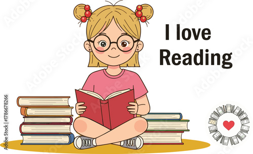 Cartoon child reading book, blonde hair, glasses, red book, book stacks, heart emblem, literacy love, educational theme, cheerful expression, learning moment, reading joy
