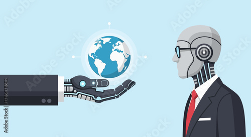 A robotic hand offers a glowing digital globe to a sophisticated AI in a business suit, illustrating global technological integration and future business innovation.