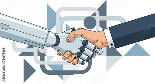 A symbolic handshake between a human and a robot hand visualizes the future of artificial intelligence, technological collaboration, and modern business partnerships.