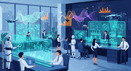 Professionals and robots collaborate in a futuristic office, utilizing holographic interfaces, big data analytics, and advanced AI for business innovation.