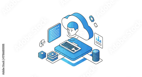 This modern isometric illustration depicts a comprehensive cloud computing ecosystem, showcasing data management, artificial intelligence, and digital transformation services.