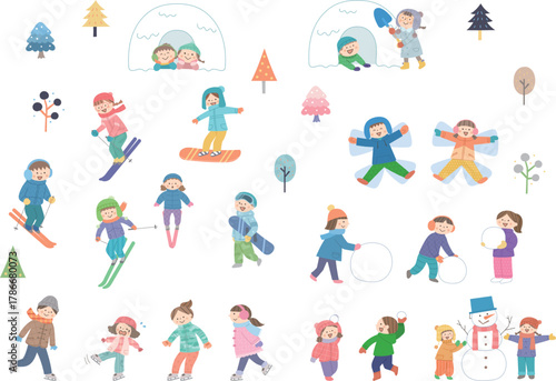 スキーや雪遊びを楽しむ子どものイラストセット