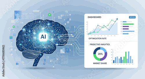 This digital illustration visualizes a glowing artificial intelligence brain connected to business analytics dashboards, highlighting data processing and future technology.