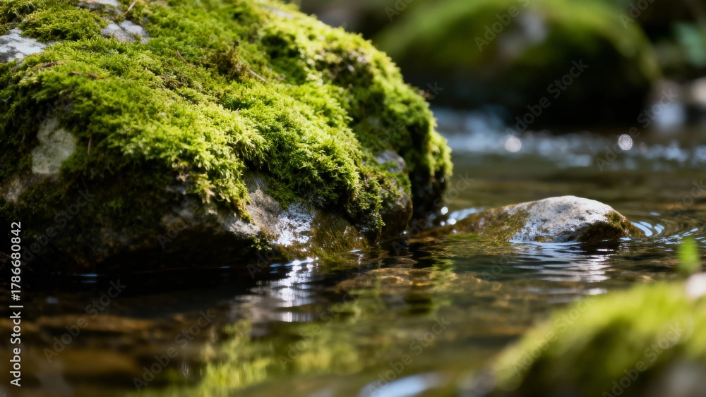 Fototapeta premium Moss-covered rocks in a clear, flowing stream