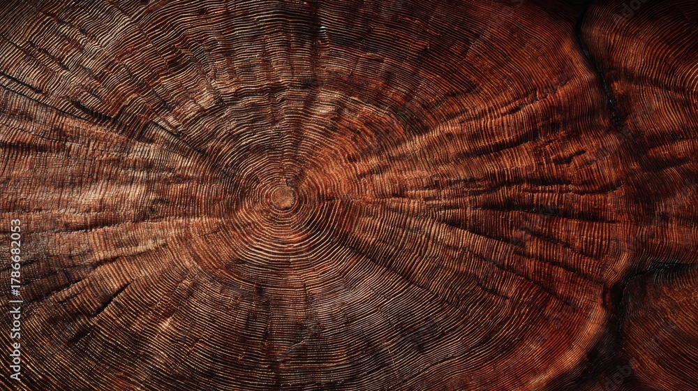 Fototapeta premium Wooden tree rings displayed clearly in a close-up view revealing annual growth patterns and textures of the timber
