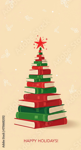 A stack of red and green books forms a Christmas tree with a star on top. An illustration conveying holiday spirit and knowledge.. Festive season, holiday reading, book tree.