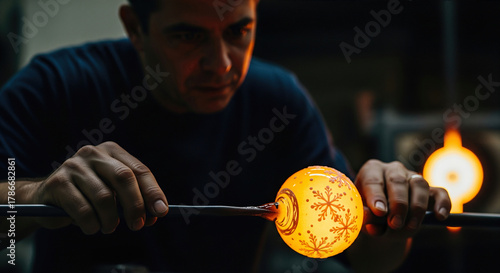 Glassblower shaping molten glass with snowflakes on it in a studio. A close-up shot showcasing skill and craftsmanship. Handmade art, artistic expression, traditional craft.