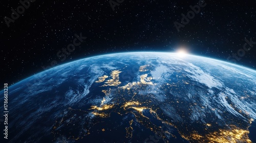 Fototapeta Naklejka Na Ścianę i Meble -  Conceptual illustration of Earth from space at sunrise, illuminating continents and city lights, symbolizing global connection, human progress, and technological innovation