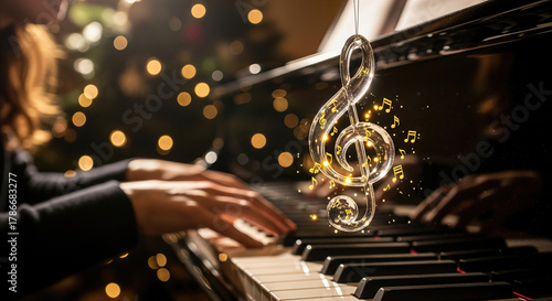 Woman playing piano in a festive ambiance, with a glass treble clef ornament hanging. A magical scene full of warmth and artistic expression. Holiday spirit, musical elegance, concert performance.