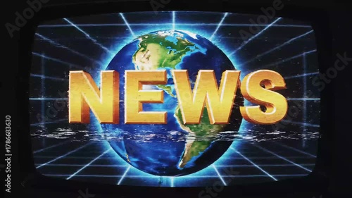 Retro TV news title screen on a vintage CRT monitor, golden NEWS text over a rotating planet Earth with scanlines and analog glitch, nostalgic broadcast opener template for global headlines