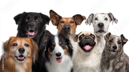 Group of happy dogs posing together for a fun and playful portrait in a bright setting