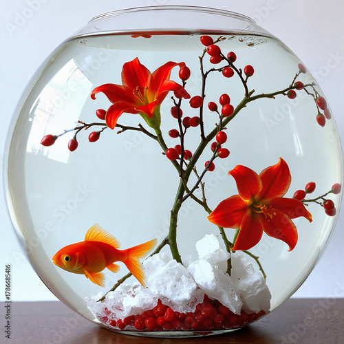 Aquarium with goldfish and floral arrangement for interior decor in crystal clear water