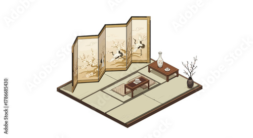 Tranquil East Asian-Inspired Isometric Interior Scene with Screen Partition