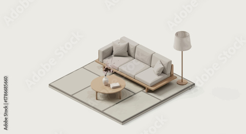 Stylized isometric interior scene featuring minimalist furniture arrangement