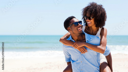 Joyful african american couple shares a playful moment on the beach during summer holidays, with sunny skies and gentle waves in the background. They are embracing and smiling happily. Generative AI.