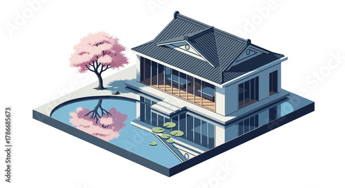 Stylized isometric Japanese house with cherry blossom tree illustration