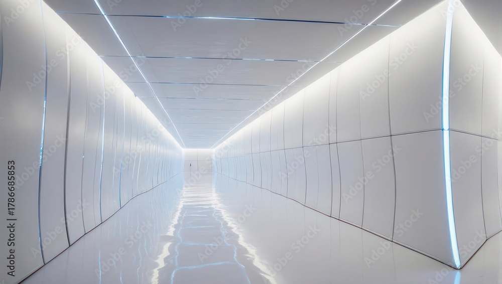 Obraz premium Futuristic White Corridor with Neon Lighting and Reflective Floor.