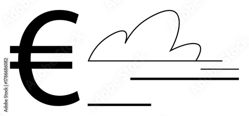 Euro currency sign paired with a cloud and speed lines suggesting fast online payments. Ideal for fintech, digital money, banking, e-commerce, global trade, cloud technology, simple flat metaphor