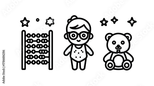 Outline Icons Collection for Early Childhood Education: Abacus, Baby with Glasses, and Teddy Bear Toys with Stars