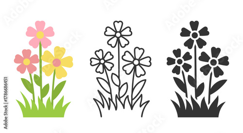 Flowers in grass icon set. Blossom flower buds in colorful flat cartoon and black line silhouette style. Bloom nature symbol outline. Posy doodle drawing cute floral elements. Garden herb emblem