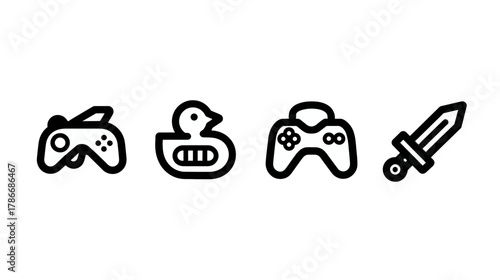 Gaming and Play Icon Set with Game Controllers, Rubber Duck, and Sword in Outline Style, Vector Collection