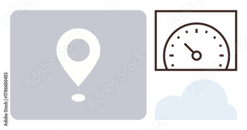 Geolocation marker showcasing positioning, speedometer for performance analysis, and cloud for digital data storage. Ideal for navigation, data tracking, speed, performance, cloud computing, tech
