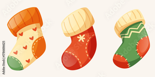 Three colorful Christmas stockings with festive patterns. The first is yellow with hearts, the second is red with a snowflake, and the third is green with zigzag designs.