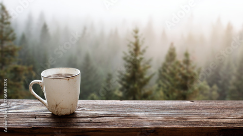 Steaming coffee mug on rustic wooden table with foggy forest view