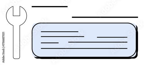 Wrench beside simple text layout block with sleek lines and shapes. Ideal for repair, tools, engineering, mechanics, hardware design, system optimization, simple flat metaphor