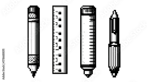 Monochrome pixel art icons of office stationery, drawing tools, measuring ruler, medical syringe, and writing instruments