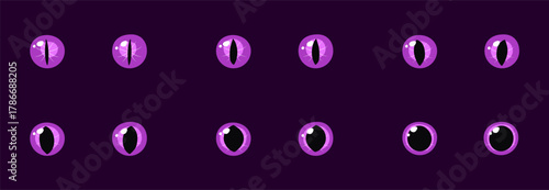 Set of purple glowing eyes dark background fantasy magic cartoon animal reptile feline mammal monster demon dragon shiny pupil vector illustration
